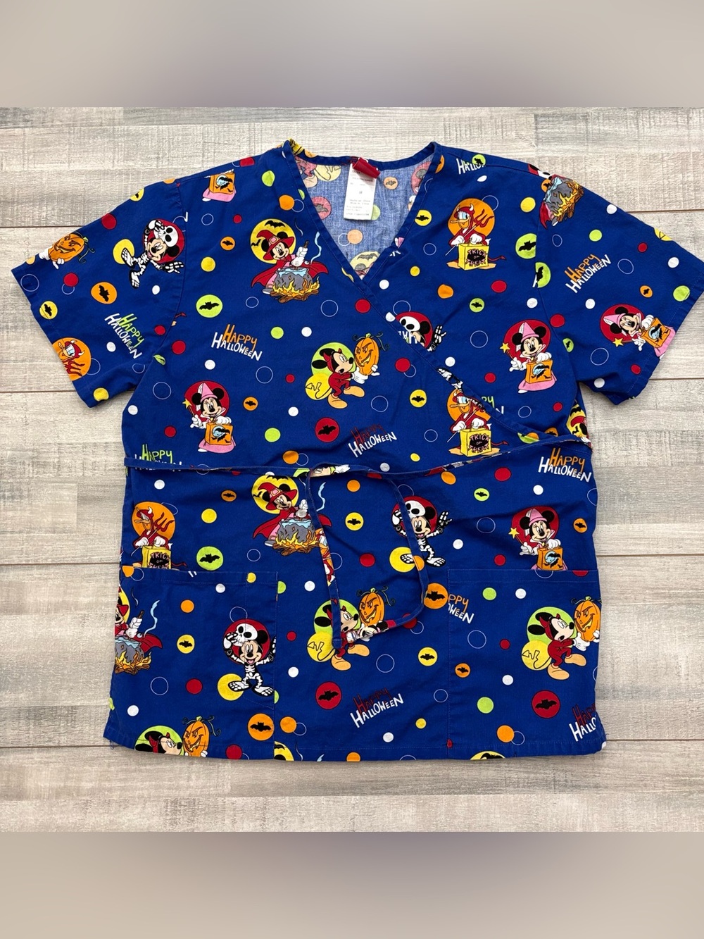 Disney Minnie Mickey Mouse Happy Halloween Blue Scrub Top Size Medium Women’s